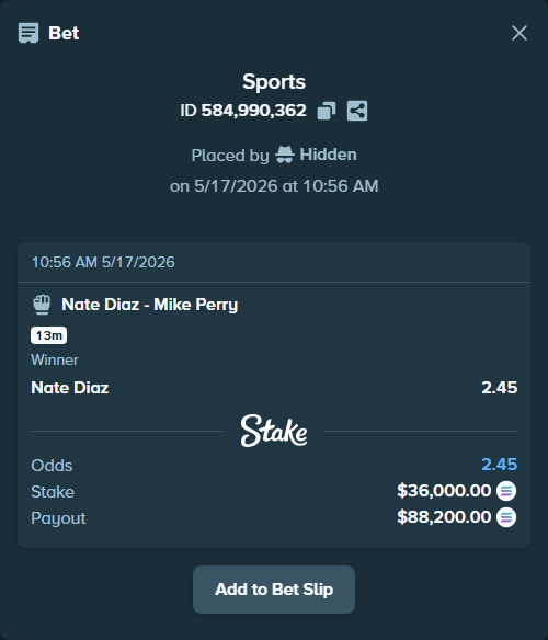 Bet slip: Nate Diaz - Mike Perry, $30,508.59 stake at 2.45 odds, placed by Hidden