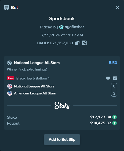 Bet slip: National League All Stars - American League All Stars, $17,194.52 stake at 5.50 odds, placed by ayoflasher