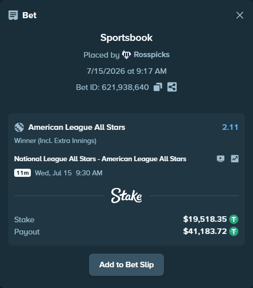 Bet slip: National League All Stars - American League All Stars, $19,537.87 stake at 2.11 odds, placed by Rosspicks