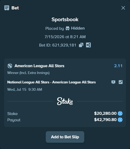Bet slip: National League All Stars - American League All Stars, $20,280.00 stake at 2.11 odds, placed by Marvin123421