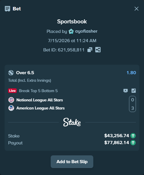 Bet slip: National League All Stars - American League All Stars, $43,300.00 stake at 1.80 odds, placed by ayoflasher