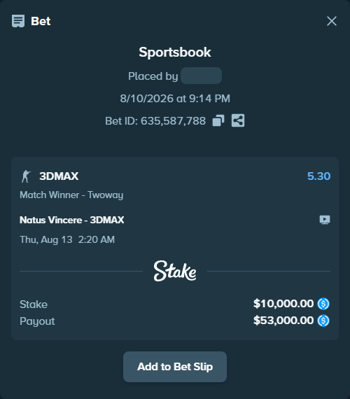Bet slip: Natus Vincere - 3DMAX, $10,000.00 stake at 5.30 odds, placed by kievpanda