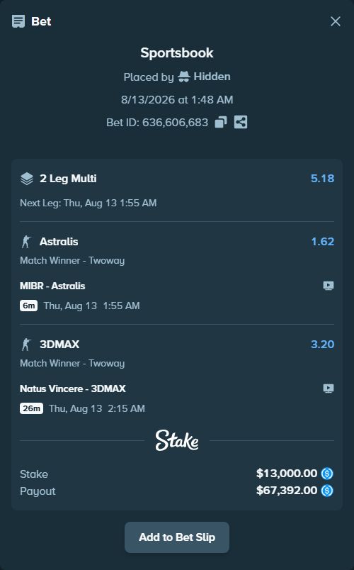 Bet slip: Natus Vincere - 3DMAX, $13,000.00 stake at 3.20 odds, placed by Hidden