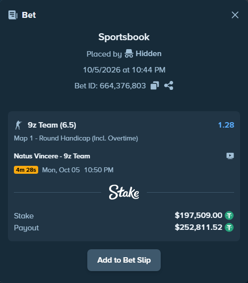 Bet slip: Natus Vincere - 9z Team, $197,509.00 stake at 1.28 odds, placed by Mnt41