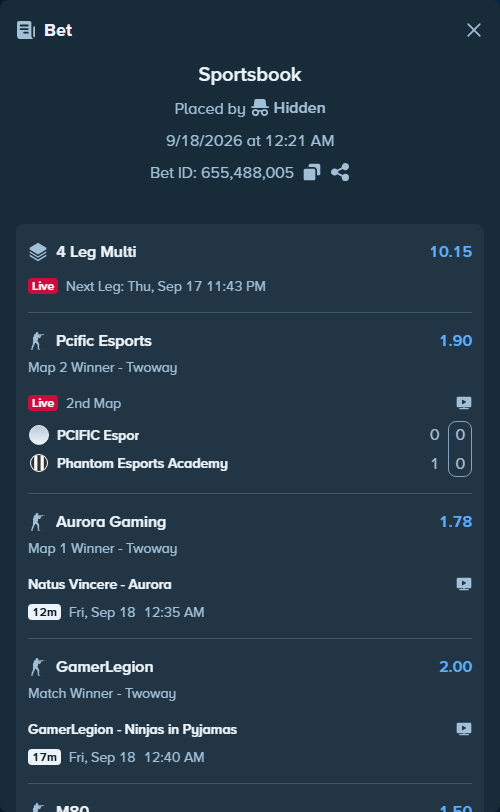Bet slip: Natus Vincere - Aurora Gaming, $10,000.00 stake at 1.78 odds, placed by Hidden