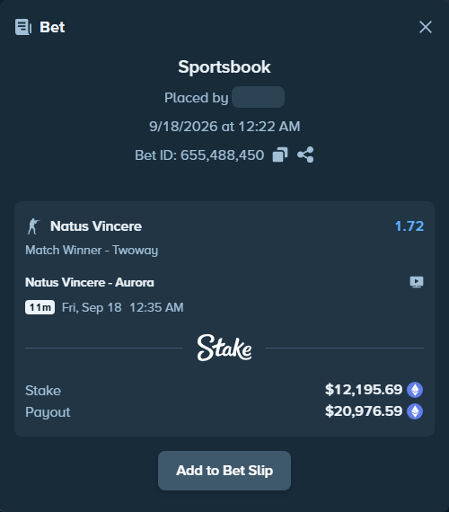 Bet slip: Natus Vincere - Aurora Gaming, $12,070.40 stake at 1.72 odds, placed by Mabruch