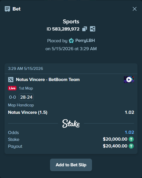 Bet slip: Natus Vincere - BetBoom Team, $20,000.00 stake at 1.02 odds, placed by PerryLBH