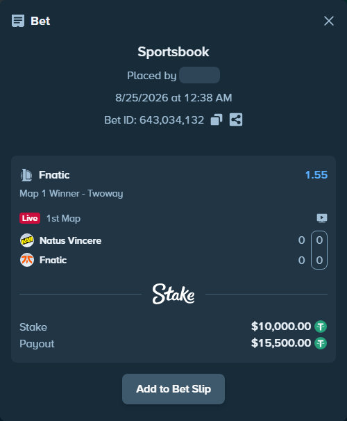 Bet slip: Natus Vincere - Fnatic, $10,000.00 stake at 1.55 odds, placed by fantasy7788