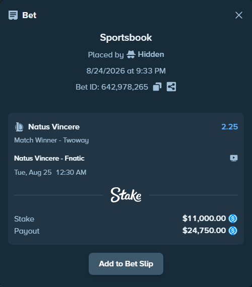 Bet slip: Natus Vincere - Fnatic, $11,000.00 stake at 2.25 odds, placed by Hidden