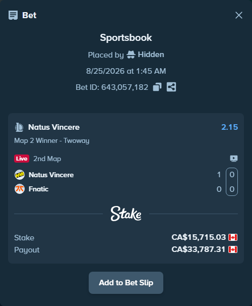 Bet slip: Natus Vincere - Fnatic, $11,629.12 stake at 2.15 odds, placed by Hidden