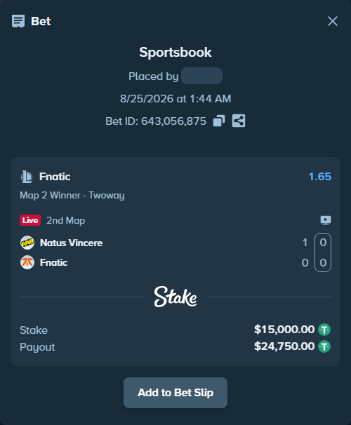 Bet slip: Natus Vincere - Fnatic, $15,000.00 stake at 1.65 odds, placed by fantasy7788