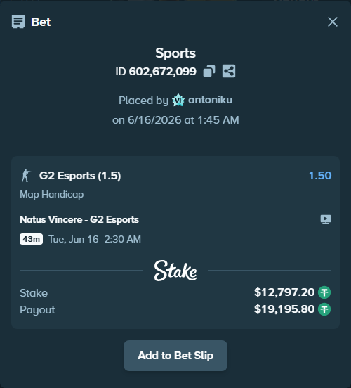 Bet slip: Natus Vincere - G2 Esports, $12,810.00 stake at 1.50 odds, placed by antoniku