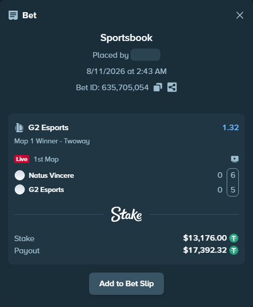 Bet slip: Natus Vincere - G2 Esports, $13,189.18 stake at 1.32 odds, placed by Mwillalwayswin