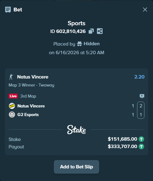 Bet slip: Natus Vincere - G2 Esports, $151,685.00 stake at 2.20 odds, placed by Hidden