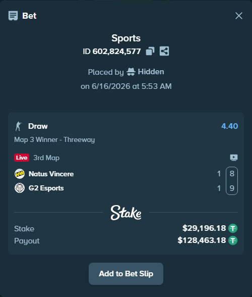 Bet slip: Natus Vincere - G2 Esports, $29,196.18 stake at 4.40 odds, placed by Hidden