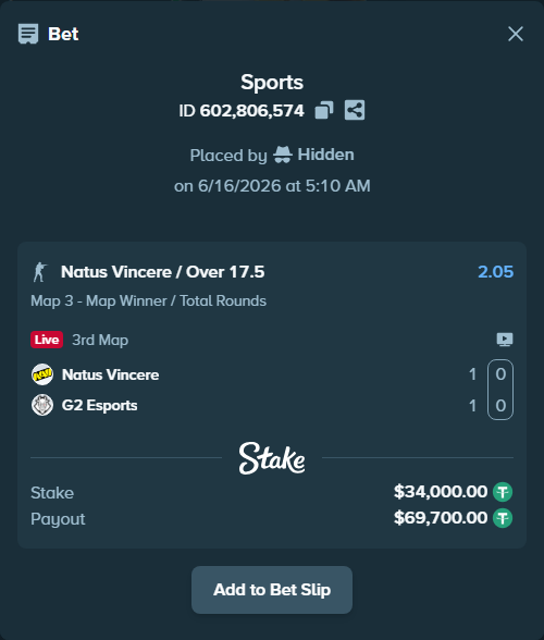Bet slip: Natus Vincere - G2 Esports, $34,000.00 stake at 2.05 odds, placed by Hidden