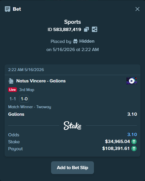 Bet slip: Natus Vincere - Galions, $35,000.00 stake at 3.10 odds, placed by Hidden