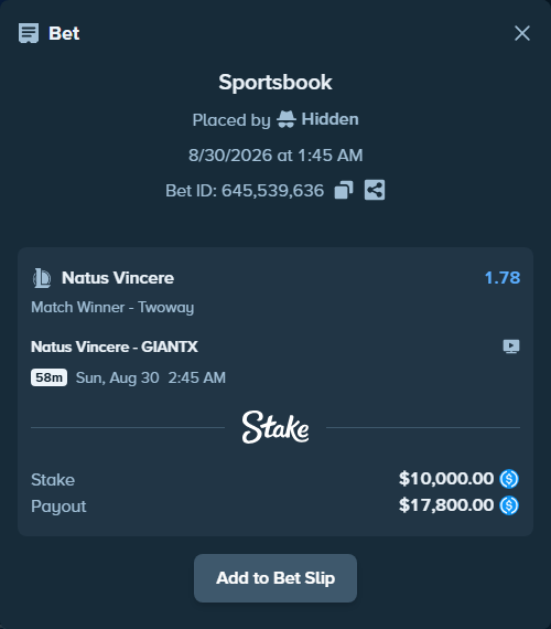 Bet slip: Natus Vincere - GIANTX, $10,000.00 stake at 1.78 odds, placed by Hidden