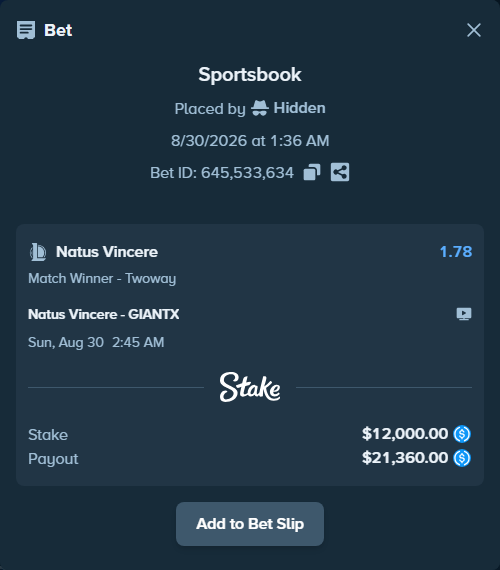 Bet slip: Natus Vincere - GIANTX, $12,000.00 stake at 1.78 odds, placed by Hidden