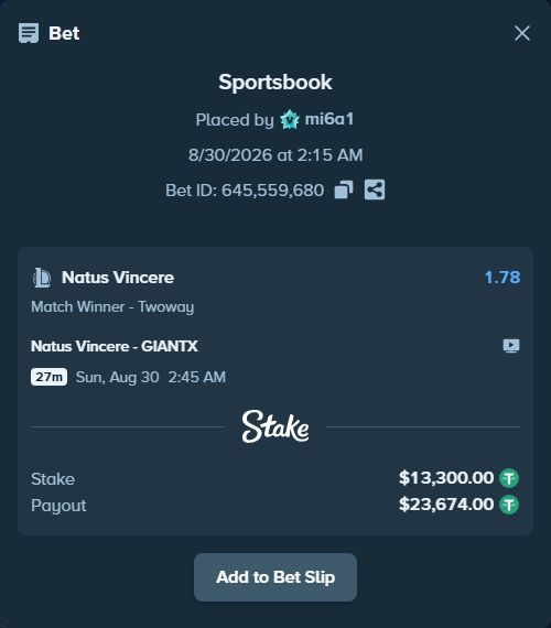 Bet slip: Natus Vincere - GIANTX, $13,300.00 stake at 1.78 odds, placed by mi6a1