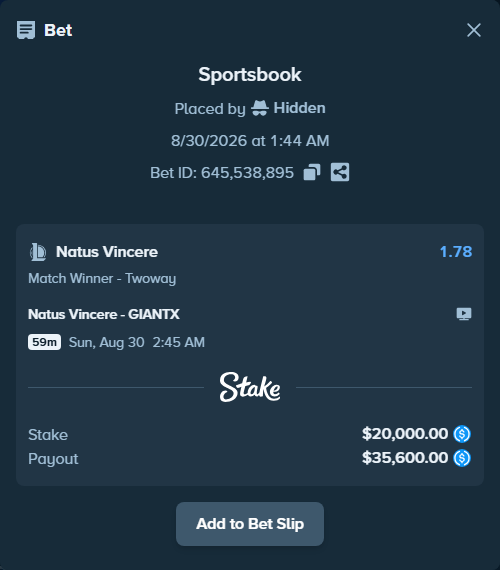 Bet slip: Natus Vincere - GIANTX, $20,000.00 stake at 1.78 odds, placed by Hidden