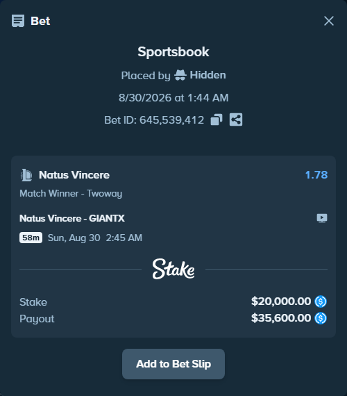 Bet slip: Natus Vincere - GIANTX, $20,000.00 stake at 1.78 odds, placed by Hidden
