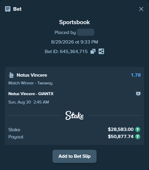 Bet slip: Natus Vincere - GIANTX, $28,583.00 stake at 1.78 odds, placed by mi6a1