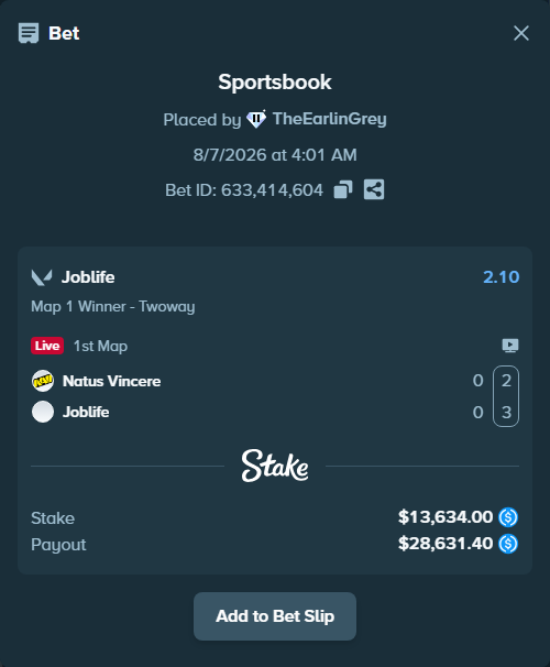Bet slip: Natus Vincere - Joblife, $13,634.00 stake at 2.10 odds, placed by TheEarlinGrey