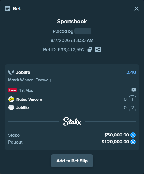 Bet slip: Natus Vincere - Joblife, $50,000.00 stake at 2.40 odds, placed by Cabrzy