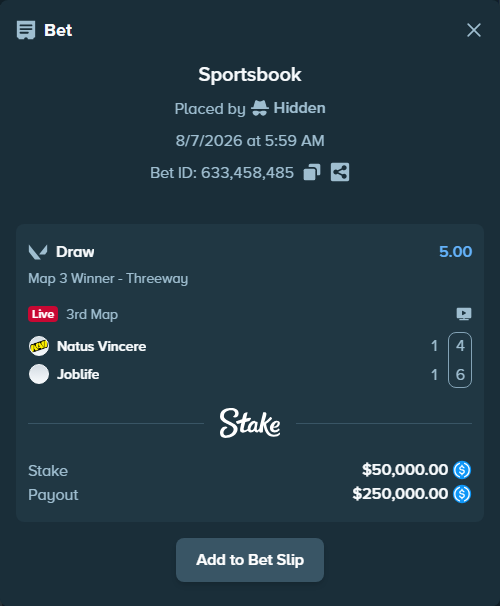 Bet slip: Natus Vincere - Joblife, $50,000.00 stake at 5.00 odds, placed by Hidden