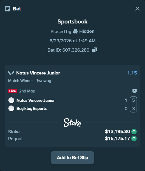 Bet slip: Natus Vincere Junior - Beşiktaş Esports, $13,209.00 stake at 1.15 odds, placed by Hidden