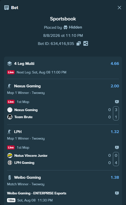 Bet slip: Natus Vincere Junior - LPH, $25,243.73 stake at 1.32 odds, placed by Hidden