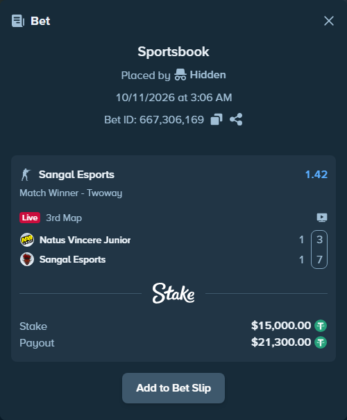 Bet slip: Natus Vincere Junior - Sangal Esports, $15,015.00 stake at 1.42 odds, placed by Hidden