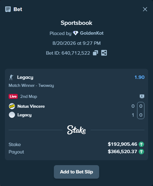Bet slip: Natus Vincere - Legacy, $193,098.37 stake at 1.90 odds, placed by GoldenKot