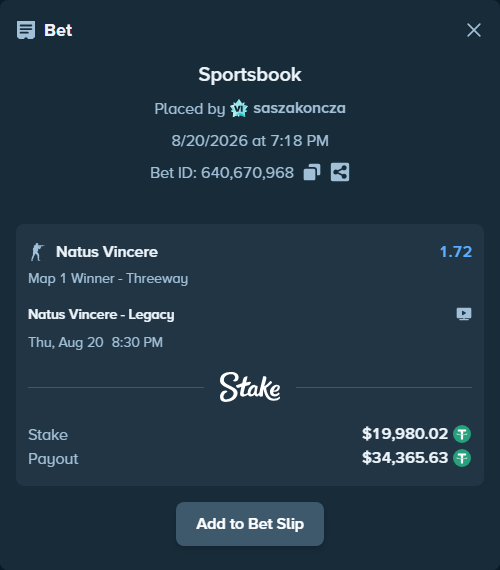 Bet slip: Natus Vincere - Legacy, $20,000.00 stake at 1.72 odds, placed by saszakoncza