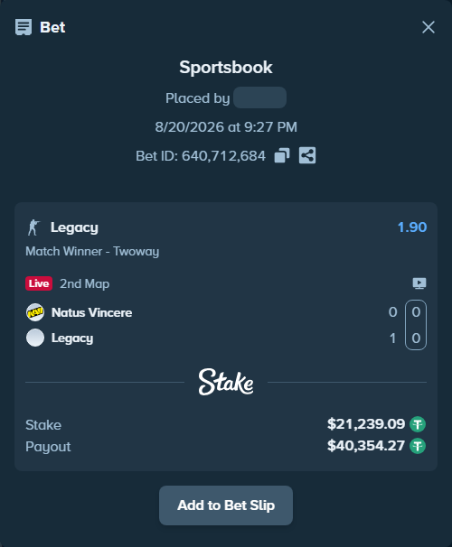 Bet slip: Natus Vincere - Legacy, $21,260.33 stake at 1.90 odds, placed by GoldenKot