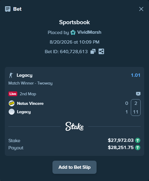 Bet slip: Natus Vincere - Legacy, $28,000.00 stake at 1.01 odds, placed by VividMarsh