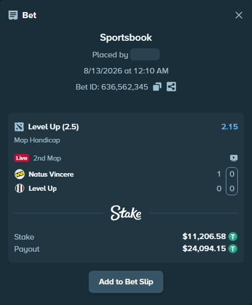 Bet slip: Natus Vincere - Level Up, $11,217.79 stake at 2.15 odds, placed by antoniku