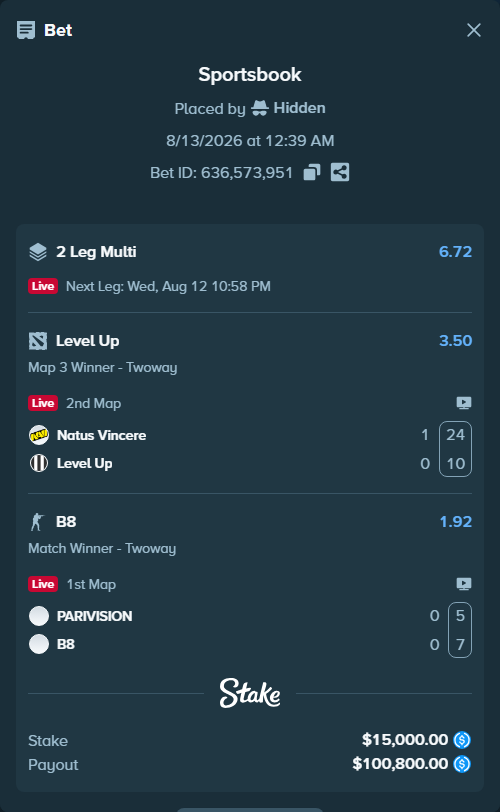 Bet slip: Natus Vincere - Level Up, $15,000.00 stake at 3.50 odds, placed by Hidden