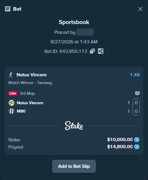 Bet slip: Natus Vincere - M80, $10,000.00 stake at 1.48 odds, placed by Dortkebab