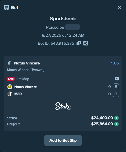 Bet slip: Natus Vincere - M80, $24,400.00 stake at 1.06 odds, placed by antoniku
