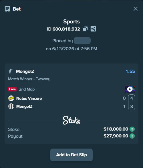 Bet slip: Natus Vincere - MongolZ, $18,000.00 stake at 1.55 odds, placed by munyasport