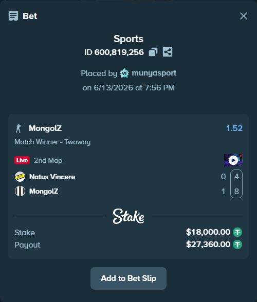 Bet slip: Natus Vincere - MongolZ, $18,000.00 stake at 1.52 odds, placed by munyasport