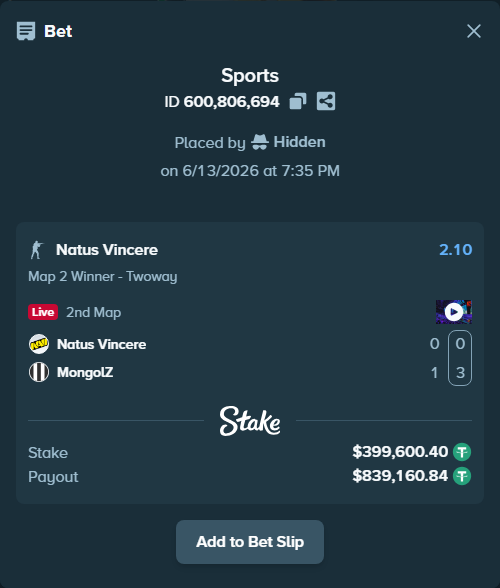 Bet slip: Natus Vincere - MongolZ, $400,000.00 stake at 2.10 odds, placed by Hidden