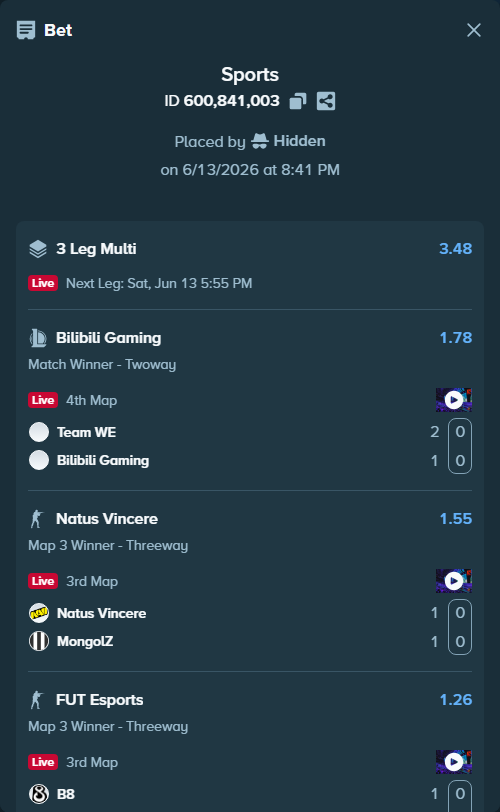 Bet slip: Natus Vincere - MongolZ, $50,050.00 stake at 1.55 odds, placed by Hidden