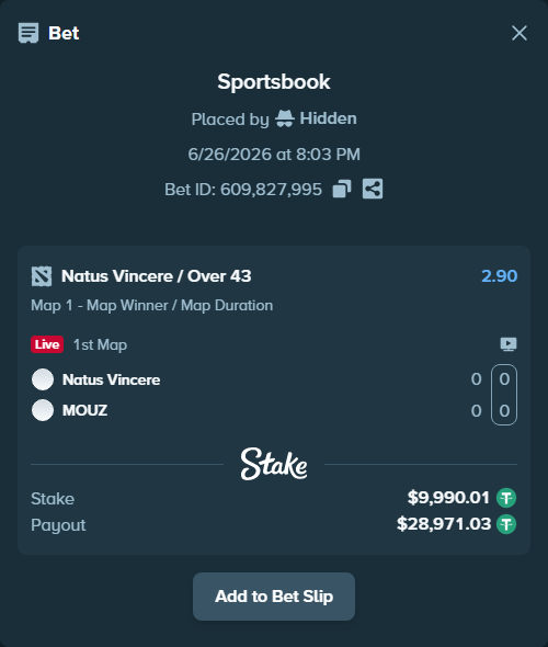 Bet slip: Natus Vincere - MOUZ, $10,000.00 stake at 2.90 odds, placed by Hidden