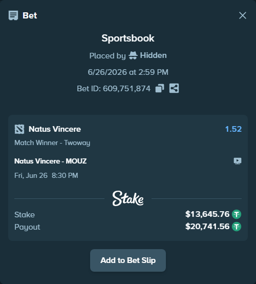 Bet slip: Natus Vincere - MOUZ, $13,659.41 stake at 1.52 odds, placed by Hidden