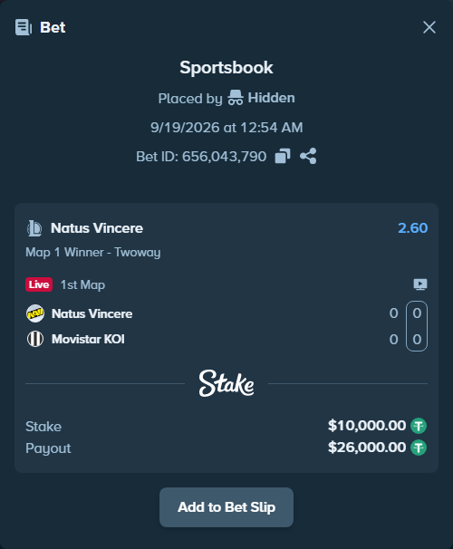 Bet slip: Natus Vincere - Movistar KOI, $10,000.00 stake at 2.60 odds, placed by Hidden