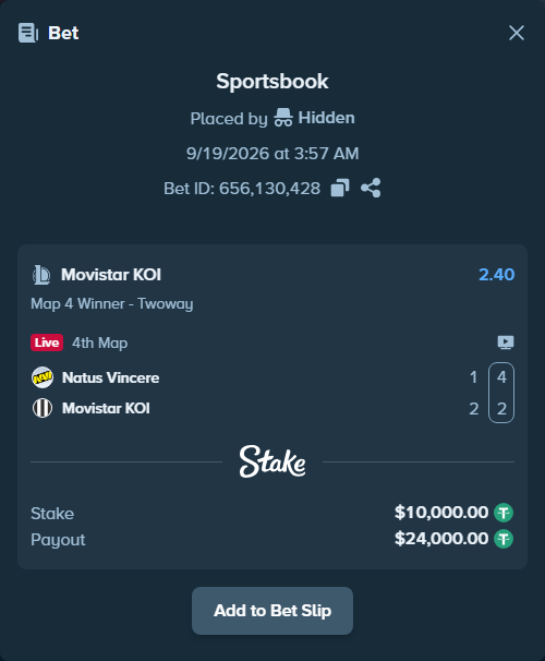 Bet slip: Natus Vincere - Movistar KOI, $10,000.00 stake at 2.40 odds, placed by Hidden