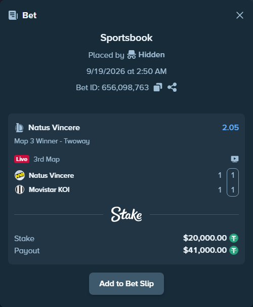Bet slip: Natus Vincere - Movistar KOI, $20,000.00 stake at 2.05 odds, placed by Hidden